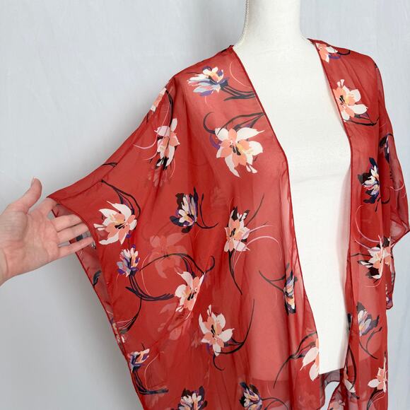 Emory Park Floral Sheer Kimono Burnt Orange Red Flowy, One Size - Picture 2 of 7